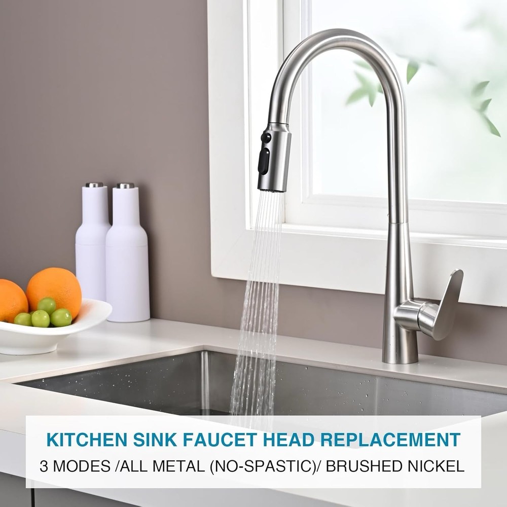 (LUH) Metal Kitchen Faucet Spray Head 3-Function Pull Down Brushed Nickel