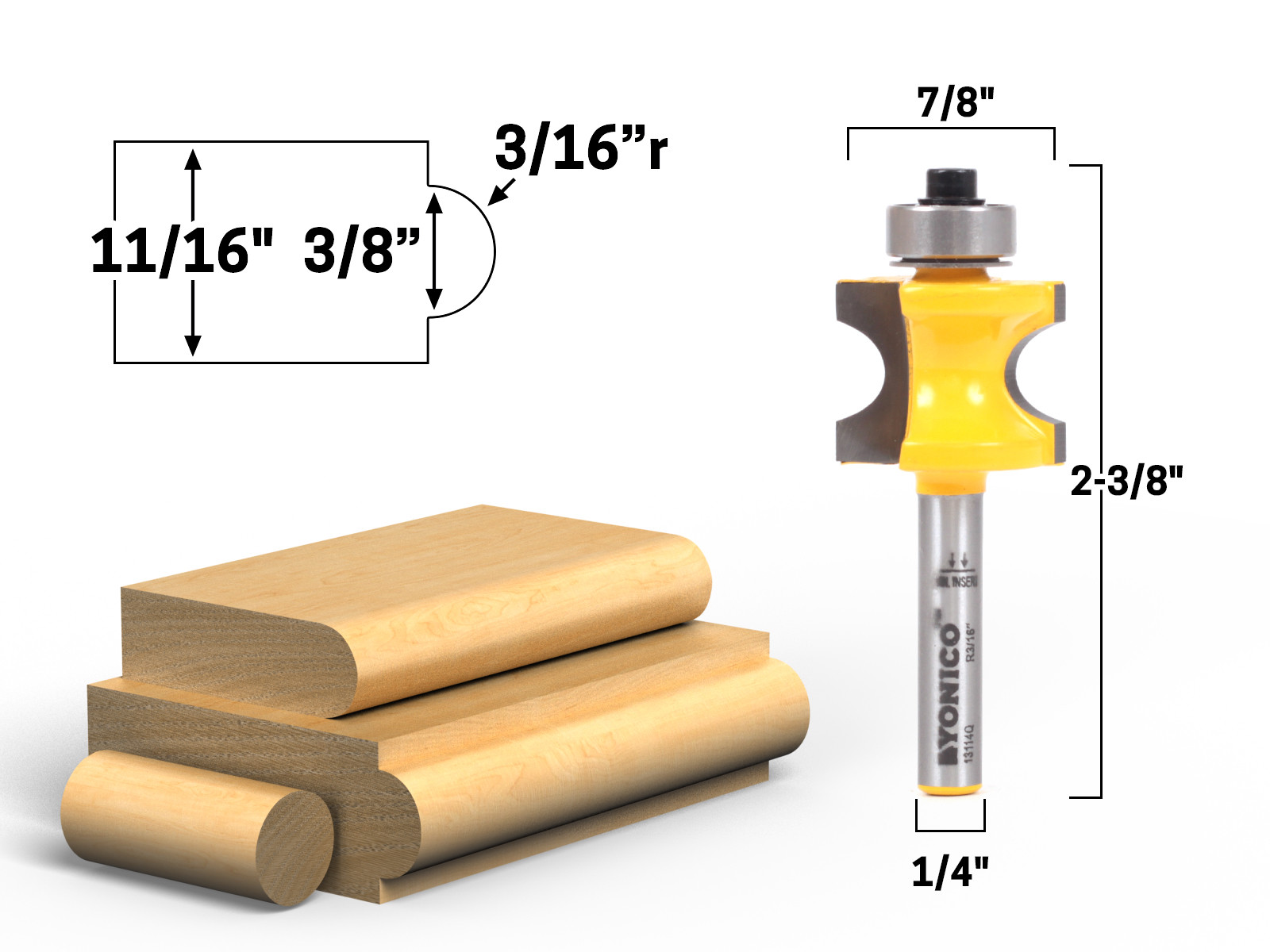 3/16" Radius Bullnose Router Bit - 1/4" Shank - Yonico 13114q