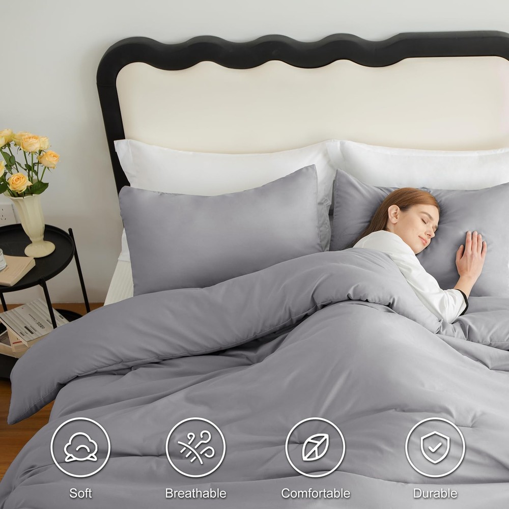 CozyLux Queen Comforter Set Grey, 3 Pieces Solid Comforters Queen, Grey