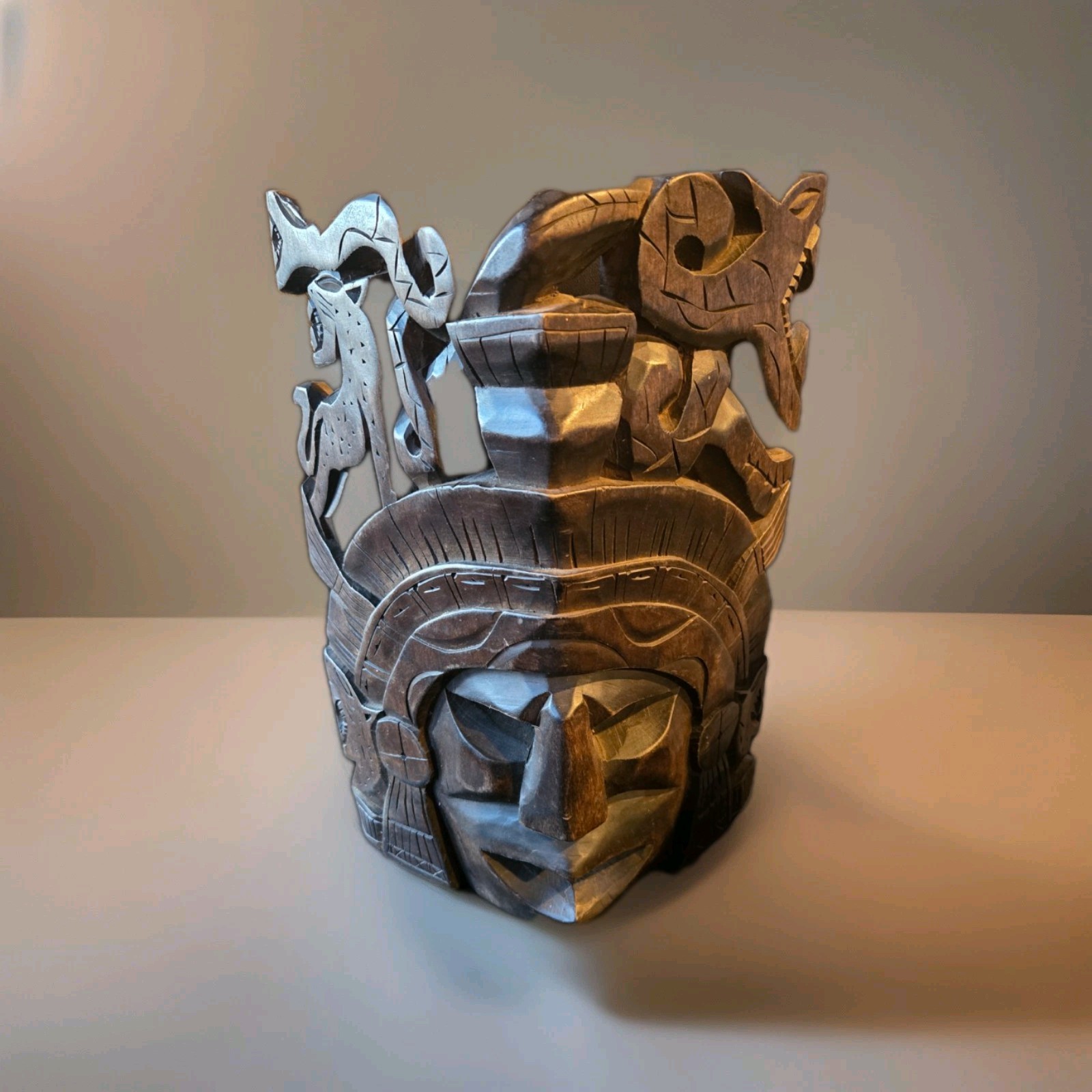 Vtg Hand Carved Aztec Mayan Intricately Carved Wood Warrior Mask Snake Jaguar