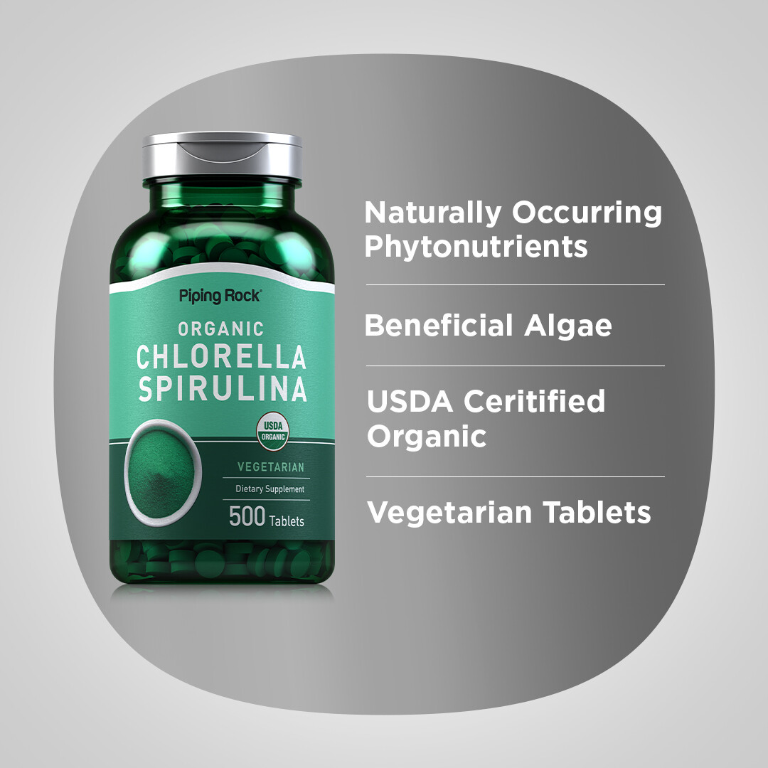 Chlorella Spirulina Organic | 500 Tablets | Vegetarian, Non-GMO | by Piping Rock
