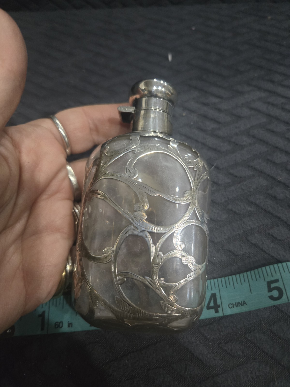 U23143 ANTIQUE Overlay STERLING Small FLASK With Engraved Initials G2U