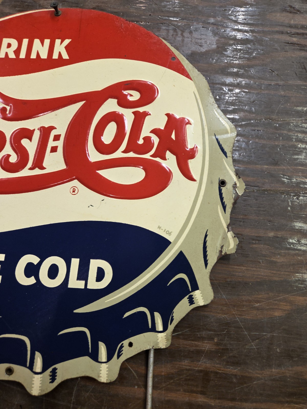 1940’s Embossed Double Dot Pepsi Cola Bottle Cap Sign Rack Topper
