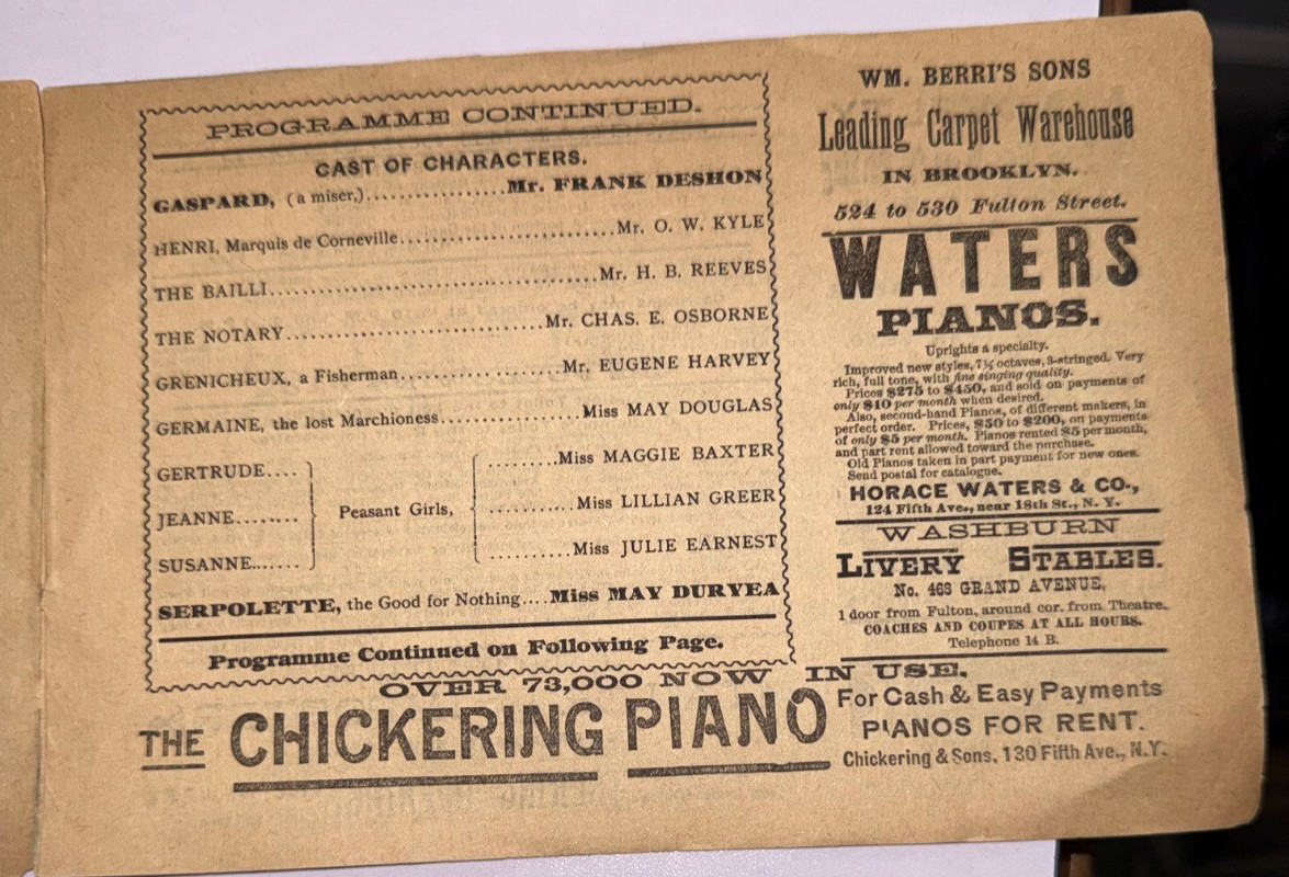 RARE 1887 CRITERION THEATRE PROGRAM CHIMES OF NORMANDY AT FULTON & GRAND AVENUE