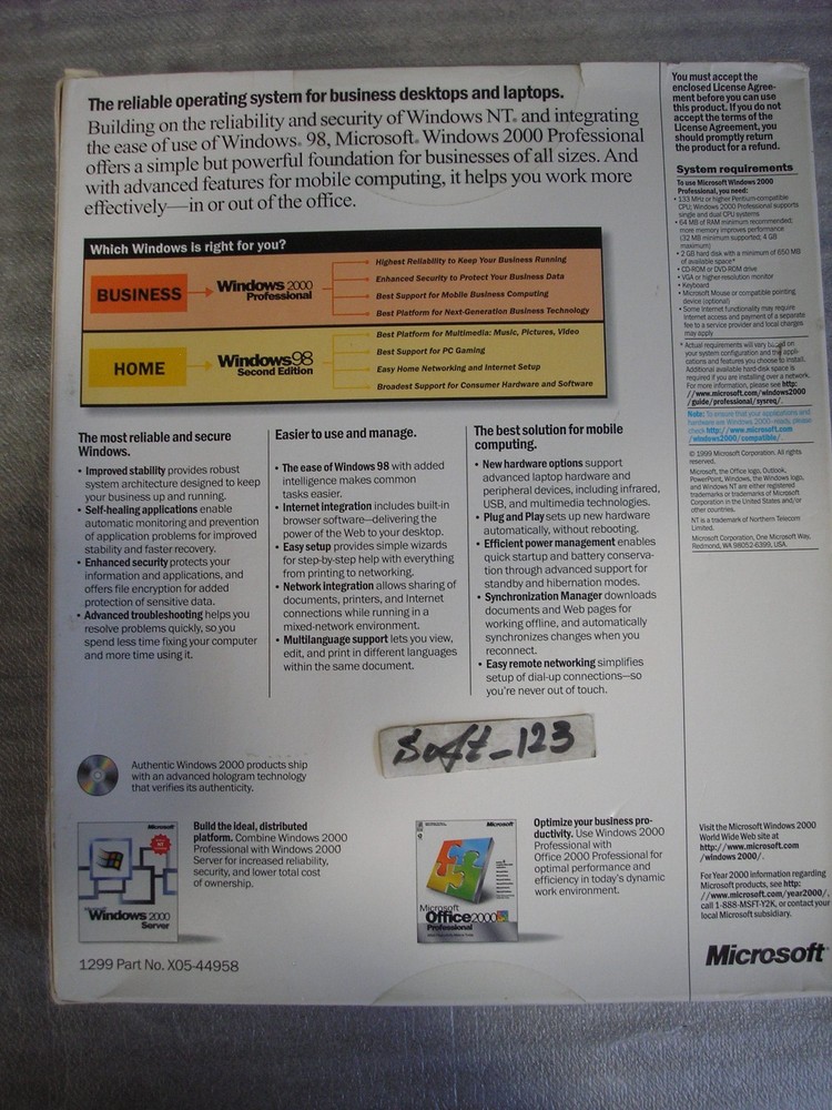 MICROSOFT WINDOWS 2000 PROFESSIONAL FULL OPERATING SYSTEM MS WIN PRO=SEALED BOX=