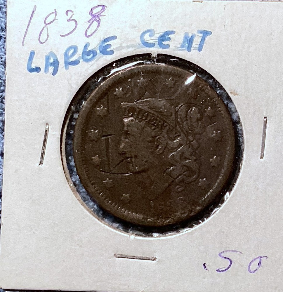 1838 Large Cent, Coronet Head, $1 shipping!
