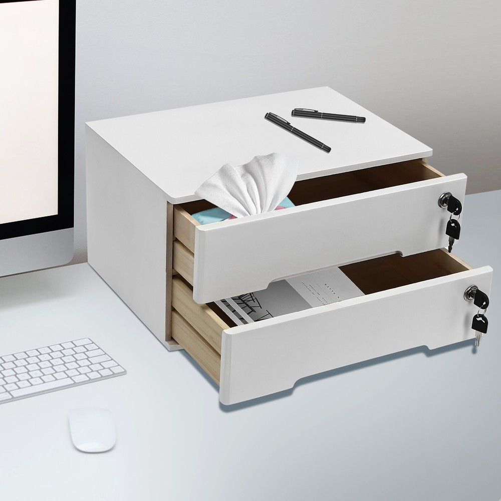 White Lockable 2-Drawer Desktop Storage Cabinet for Home Office Organization