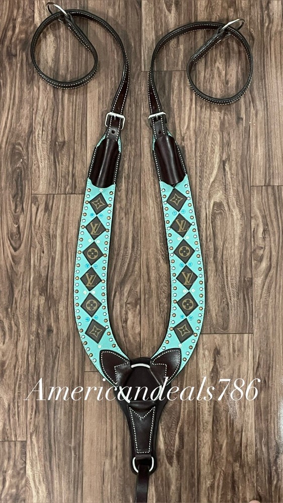 Western Brown Leather Pulling Breast Collar With Turquoise Overlay & Studs
