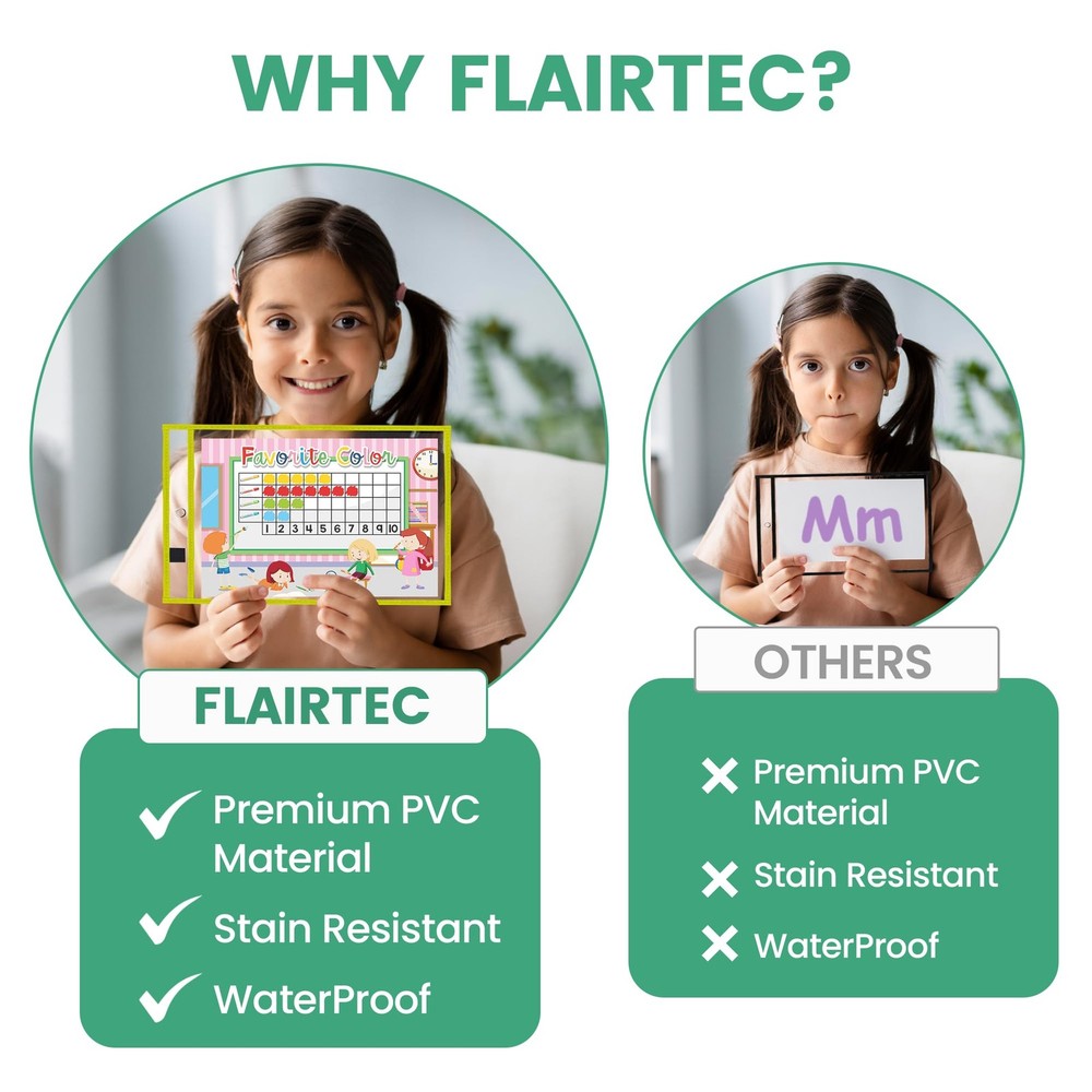 Dry Erase Pockets Reusable Sleeves Includes 1 Binder Ring & 1 Hook for Classroom