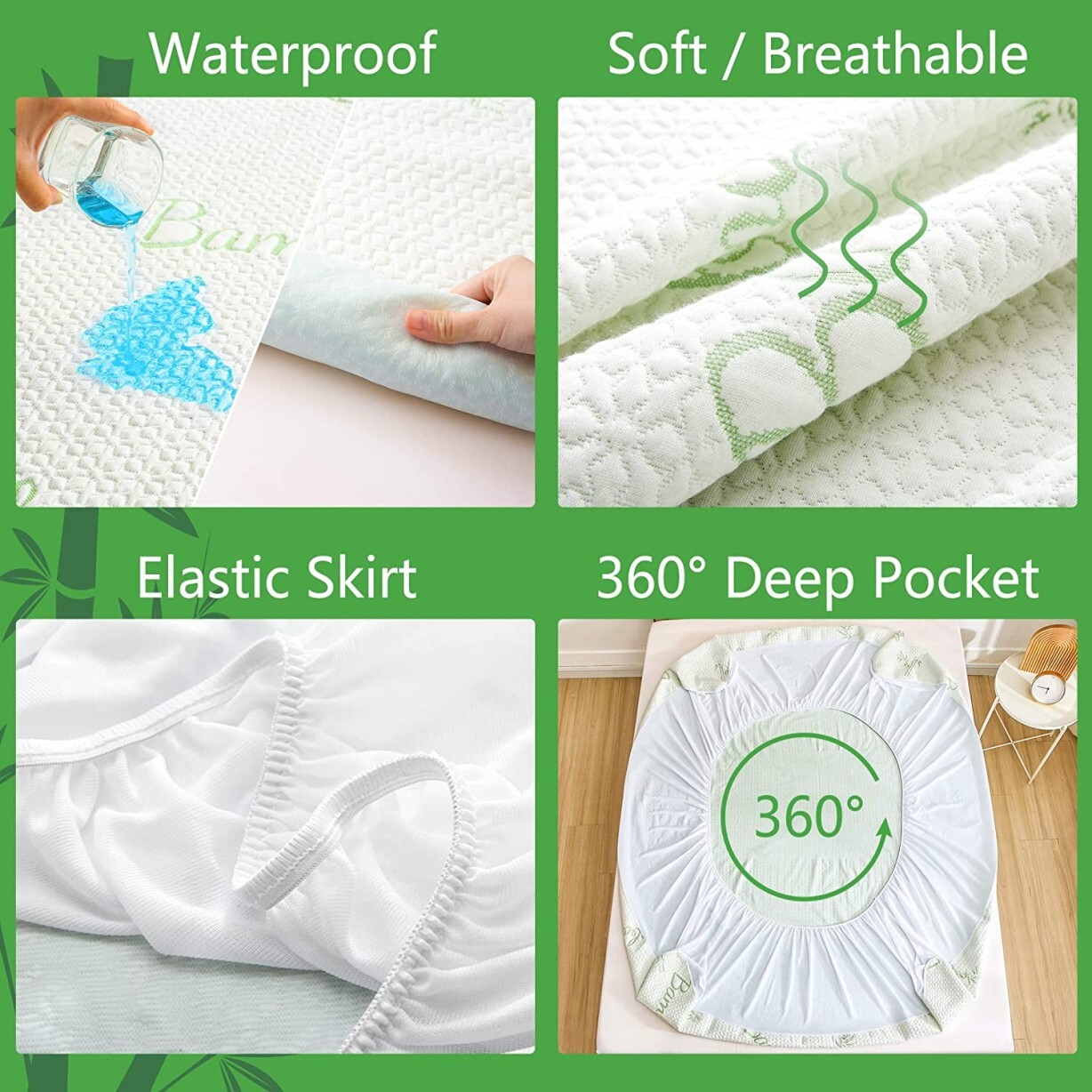 Bamboo Mattress Protector Deep Pocket Waterproof Breathable Mattress Bed Cover