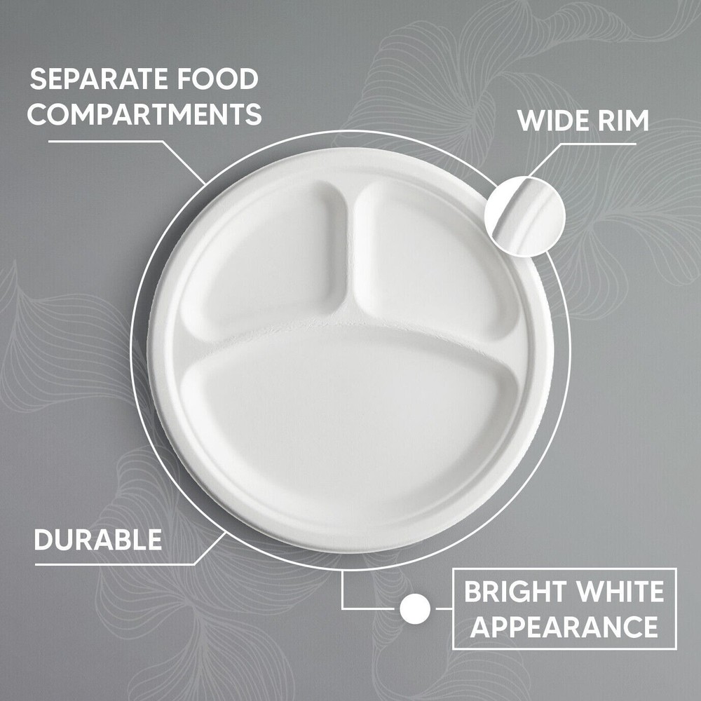 100 x Compartment Plates 10" (26cm) Reusable 3 Section White Plastic Plate