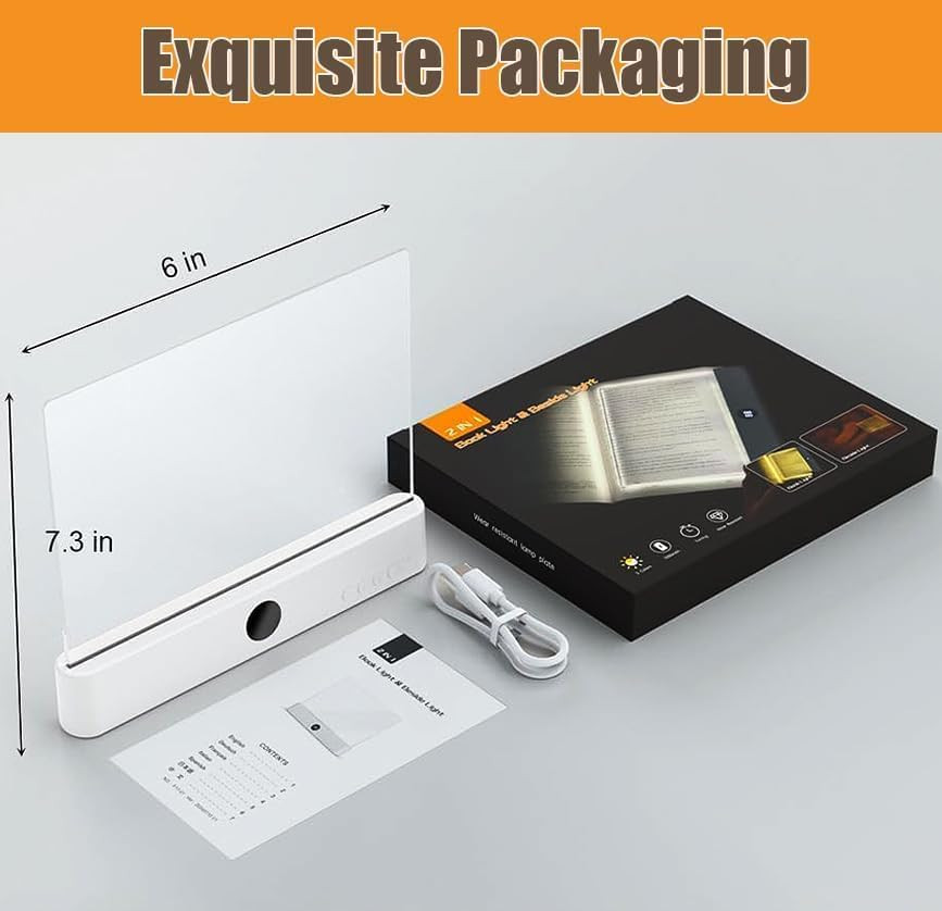 Book Light, 3 Color Adjustable LED Flat Reading Light, Rechargeable Clear Panel
