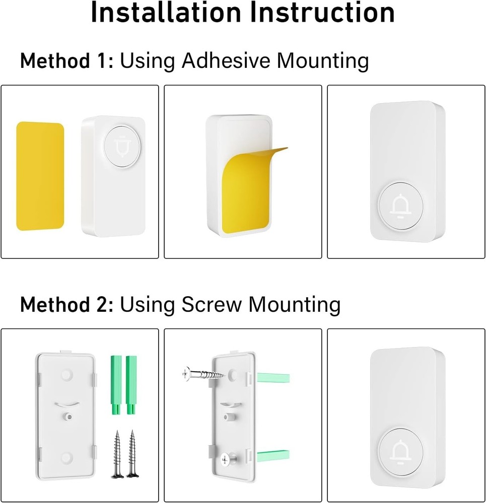 Wireless Doorbell - 2 Receivers, 1000ft Range, Adjustable Volume, White