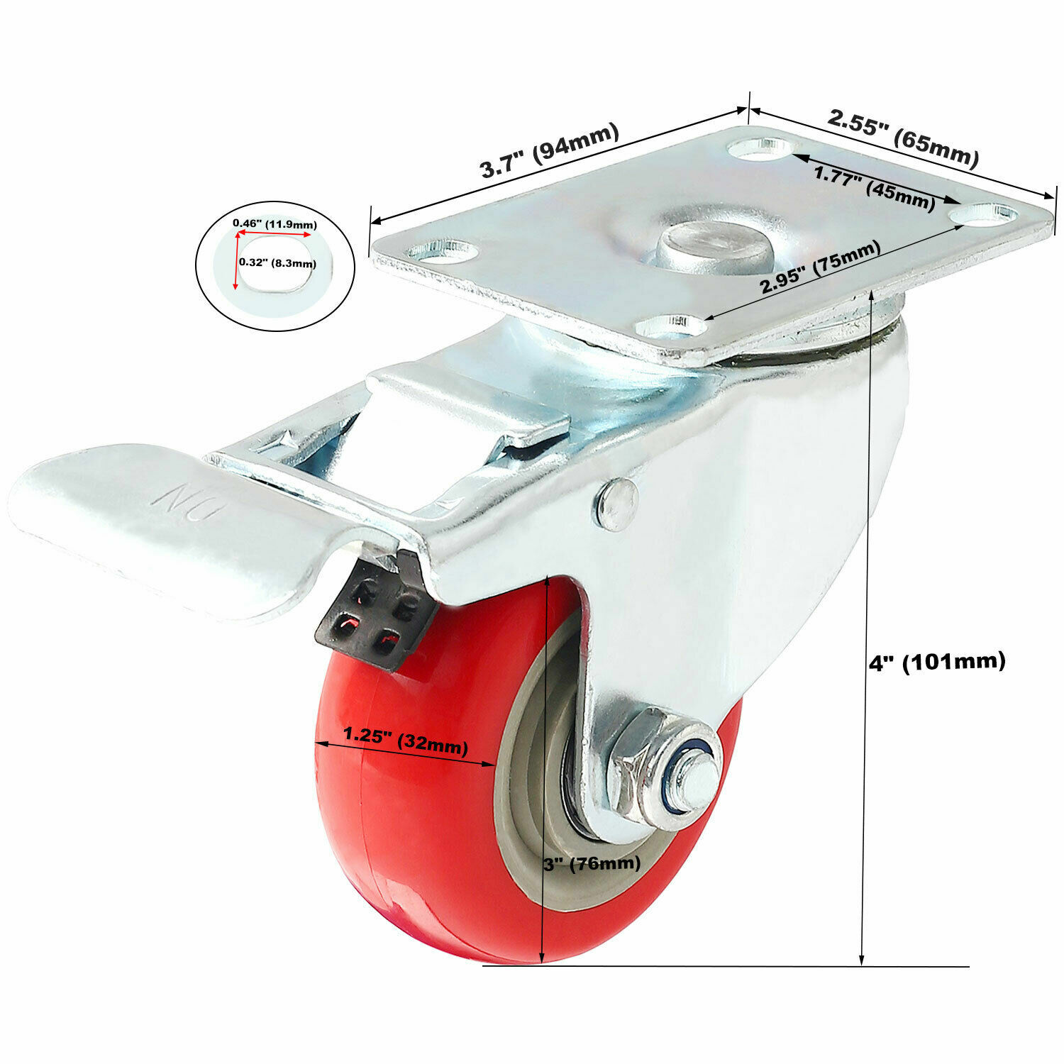 8 Pack 3 Inch Caster Wheels Swivel Plate with Brake Red Polyurethane PU