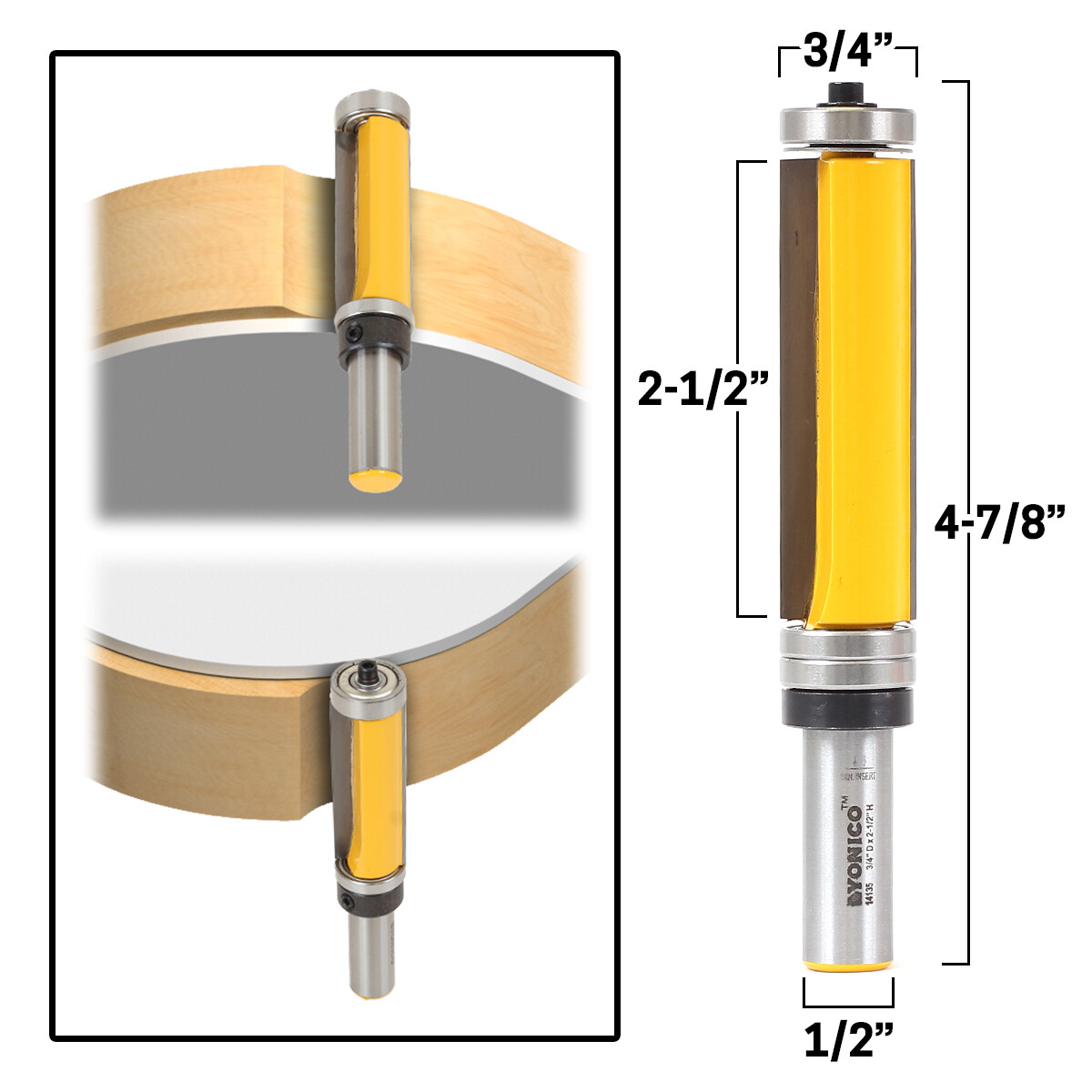 2-1/2" Flush Trim Top and Bottom Bearing Router Bit - 1/2" Shank - Yonico 14135