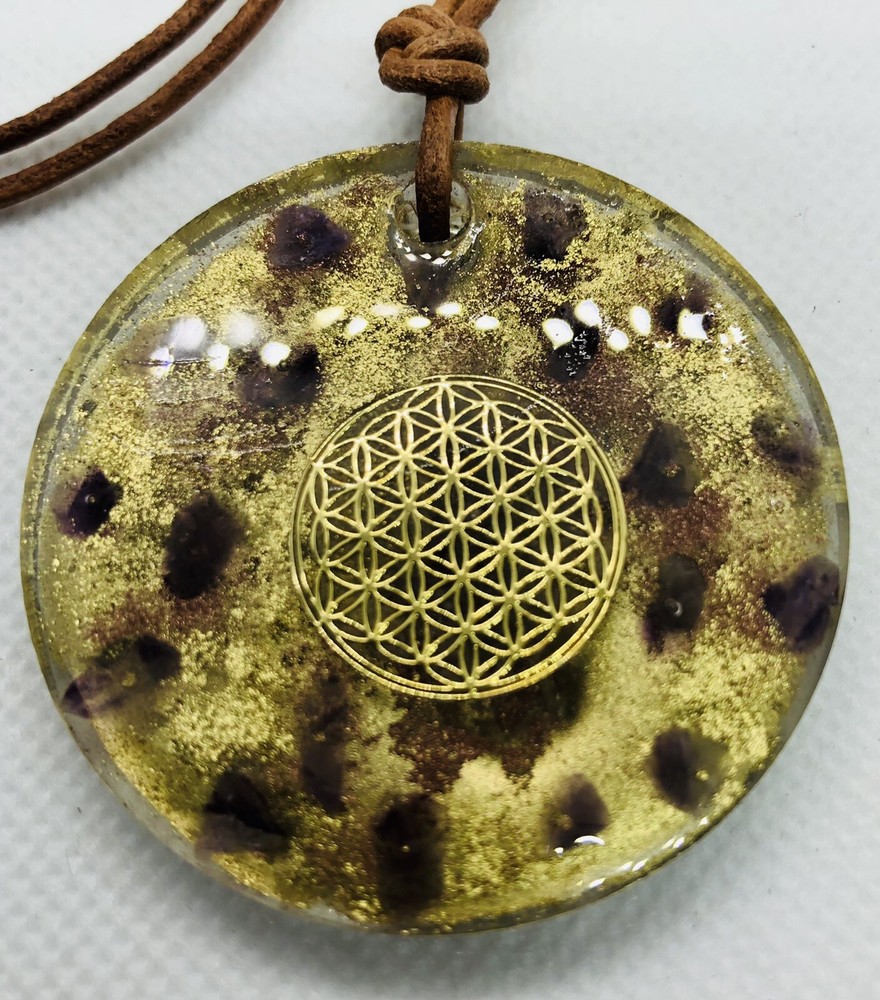 Orgonite neckalce Amethist gold copper HANDMADE