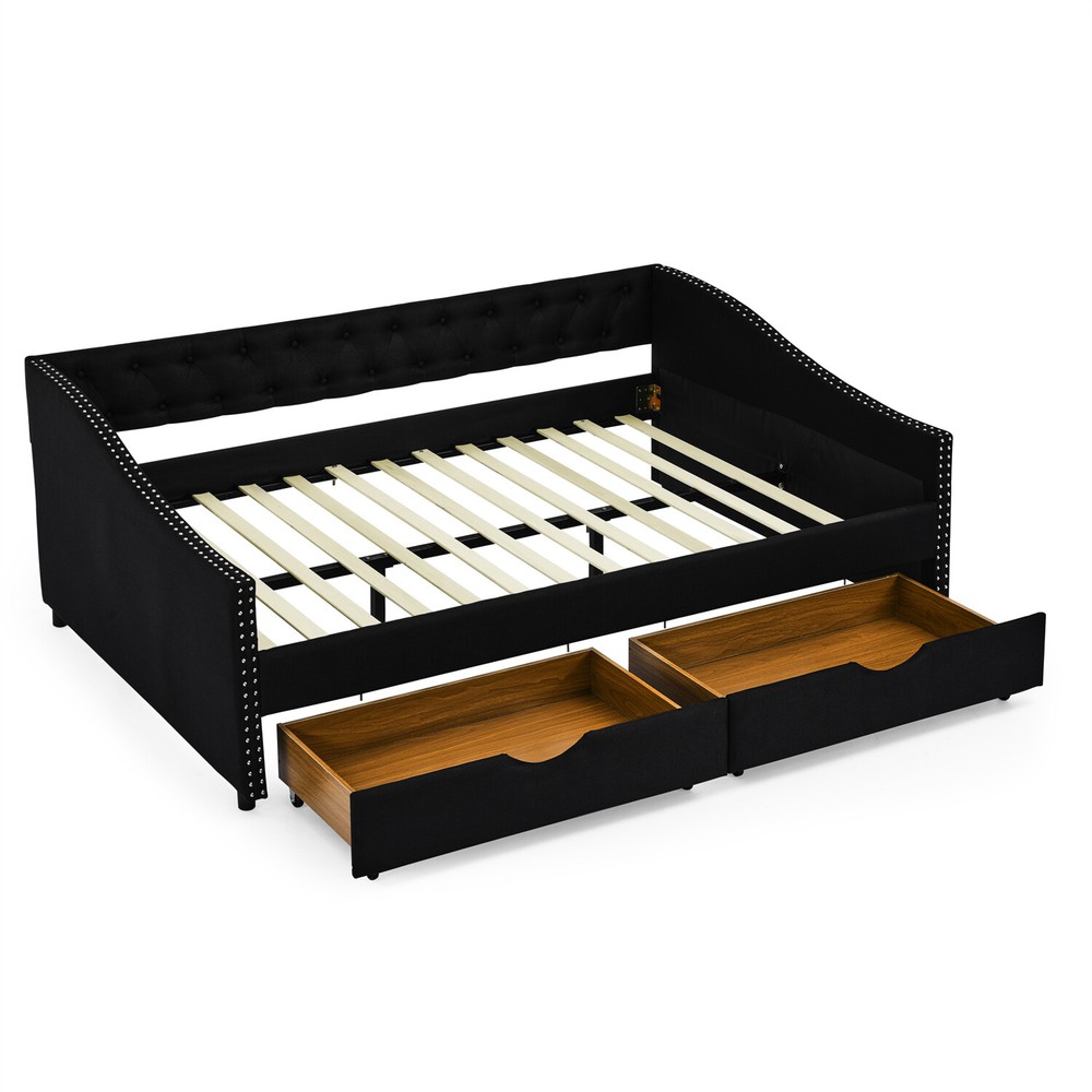 Full Size Daybed Upholstered Bed Frame Sofa Bed with 2 Storage Drawer US