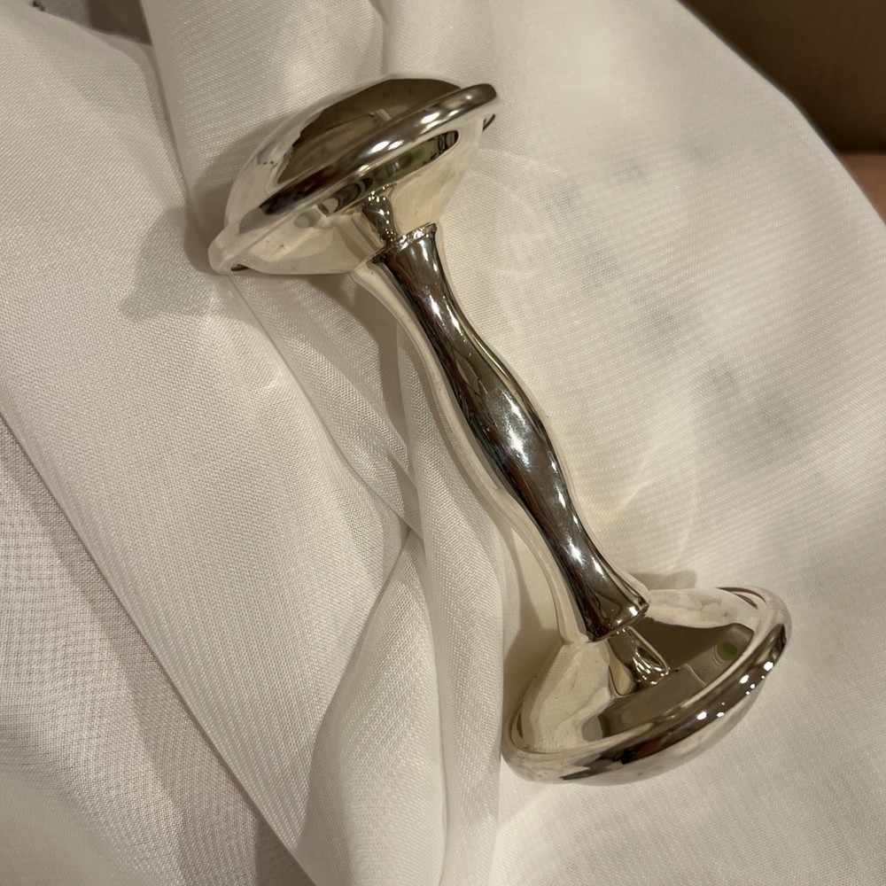 Beautiful Vintage Silver Plate Baby Rattle 4” Barbell Style
