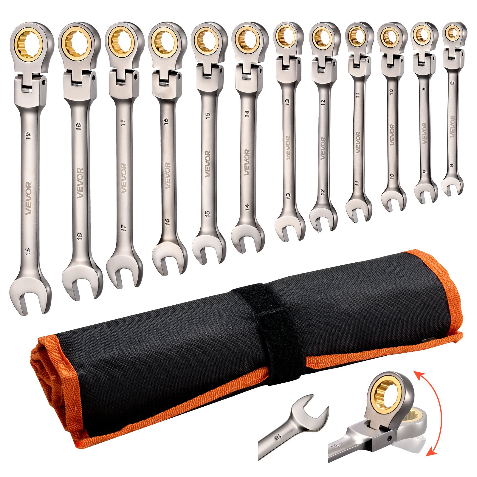 VEVOR Flex-Head Ratcheting Wrench Set Combination Wrench Set 12-Piece Metric