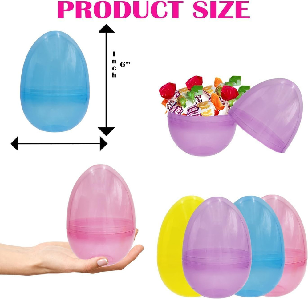 6" Inch Fillable Easter Eggs 6-Pack Jumbo Translucent, Colorful Plastic Jumbo Ea