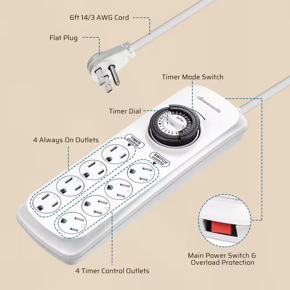 Mechanical Indoor Timer Power Strip with 8-Outlets, Countdown, Flat Plug, 6 Ft.