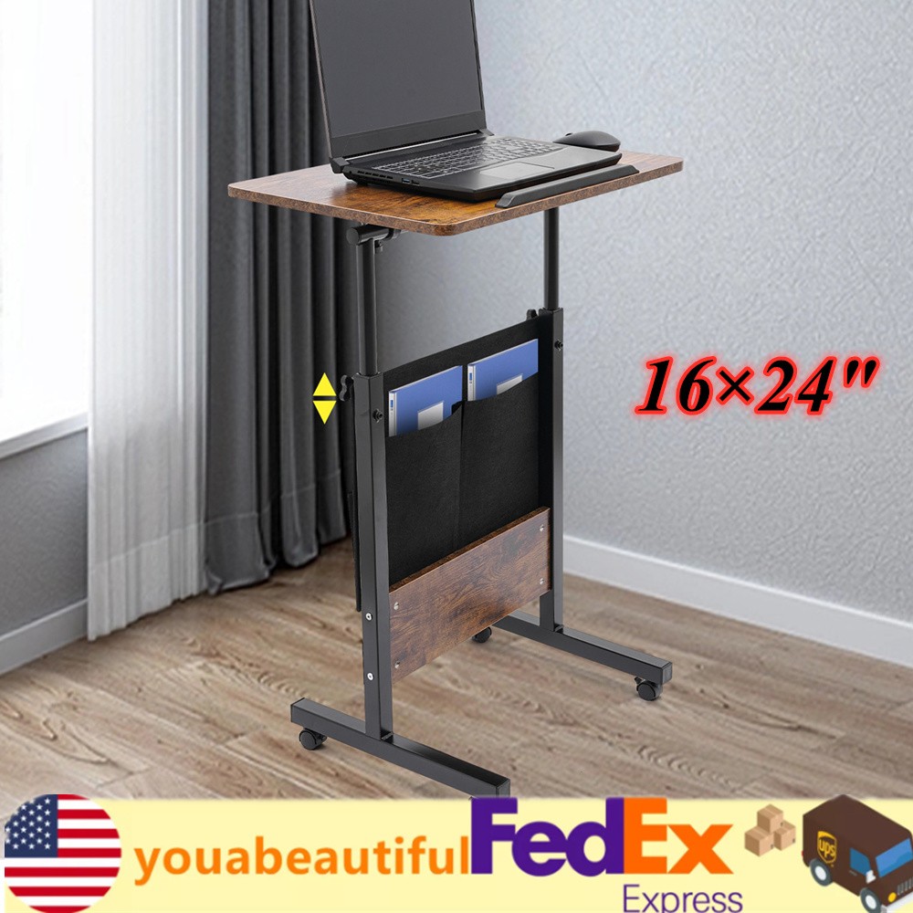 Rolling Laptop Desk Adjustable Height Computer Table Stand up Office w/ Storage