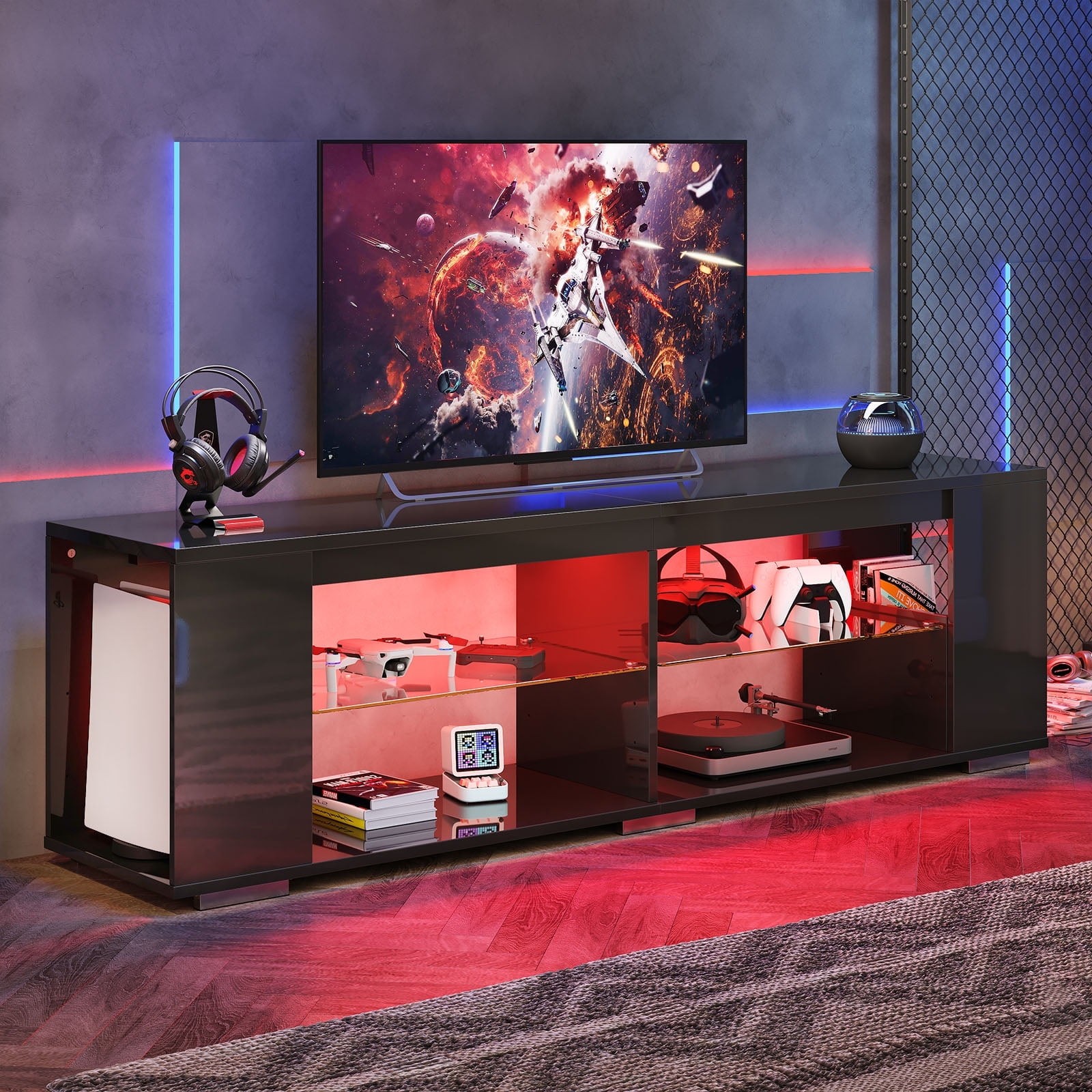 LED TV Stand for TVs up to 80" Gaming Entertainment Center w/ Shelves Black