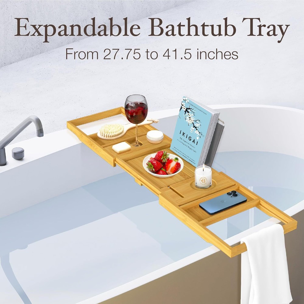 Bamboo Bathtub Tray Table - Collapsible & Adjustable Bathtub Caddy | Space-Savin