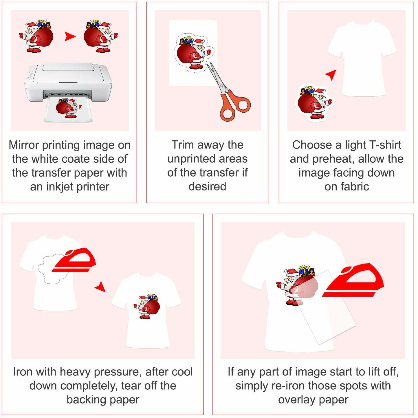 100 Sheets Bulk Printable Inkjet Iron-on Heat Transfer Paper DARK LIGHT Cotton