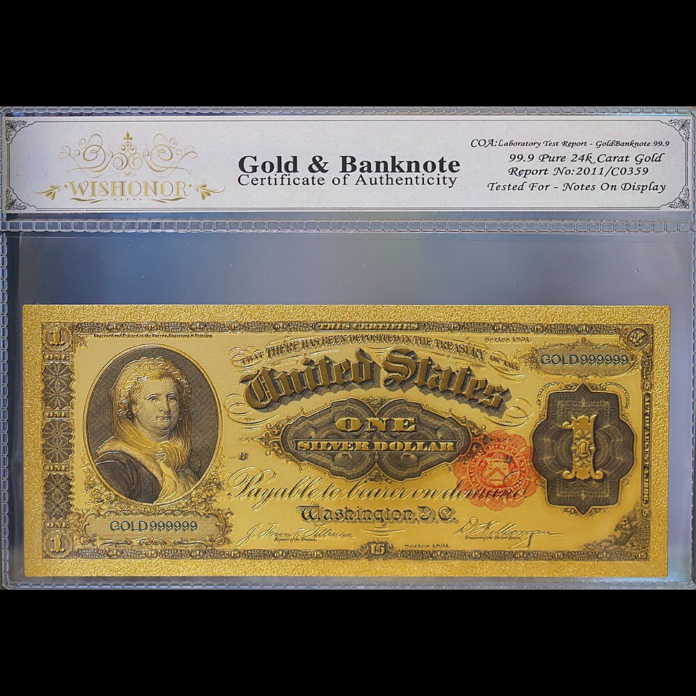 Gold 1891 $1 One Dollar Banknote Collectible with Bag & Certificate
