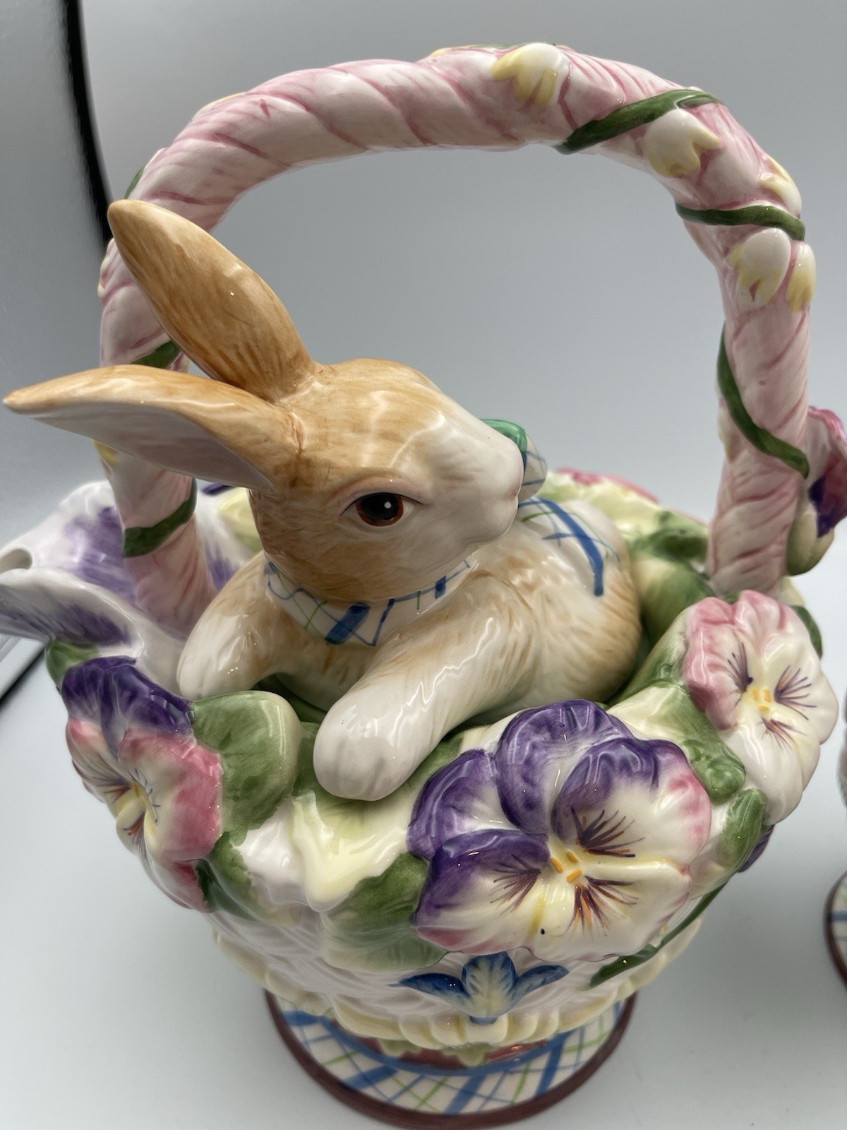 Fitz & Floyd Halcyon Bunny Teapot Sugar Jar Planter Set Easter Spring Floral