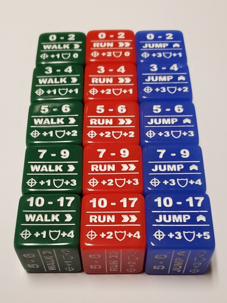 15x Battletech Movement Dice / Color Coded Walk Run Jump Movement Modifier Dice