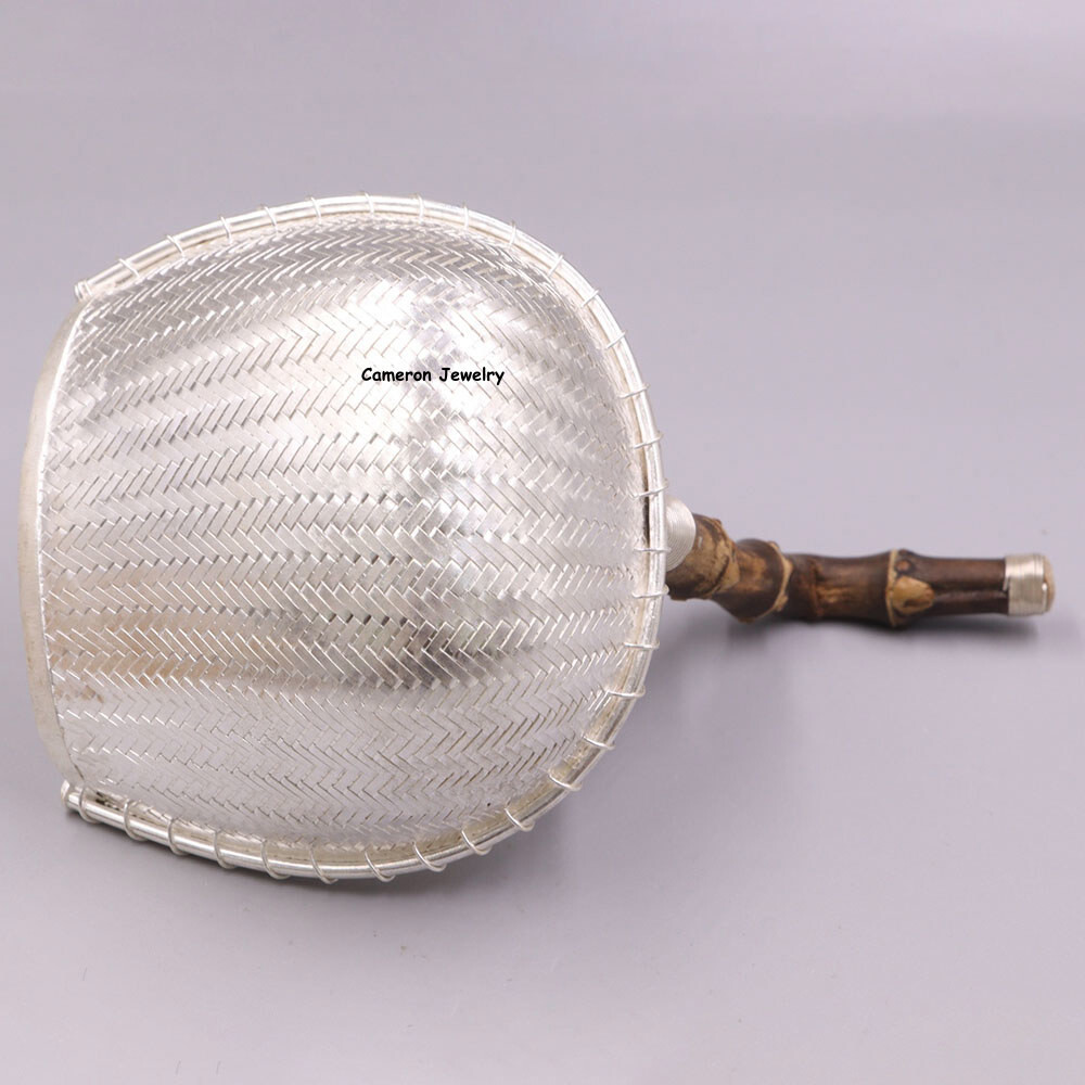 Solid S999 Fine Silver Tea Infuser Bamboo Handle Braided Tea Strainer 3.8in