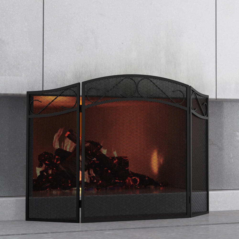Fire Beauty 3-Panel Fireplace Screen Wrought Iron Spark Guard Black Large