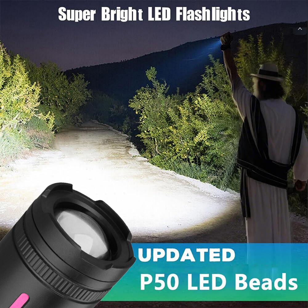 Super Bright P50 LED Tactical Flashlight with COB Side Light 5 Modes Zoomable