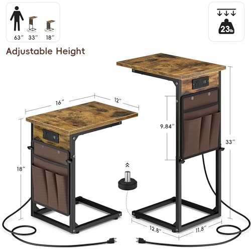C Shaped End Table with Charging Station, Adjustable Rustic Brown With Plug