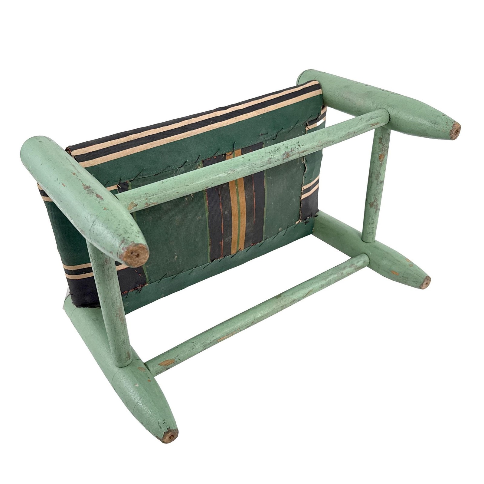 Vtg 30s Turquoise Green Painted Wooden Stool Striped Straw Stuffed Oilcloth Seat