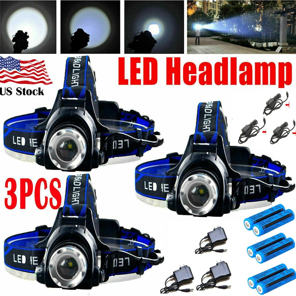 3Pack Rechargeable Headlight Zoomable Head Torch Lamp Flashlight LED Headlamp