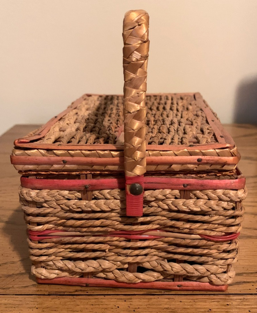 Sewing Basket- Braided Wicker w/Pink Interior