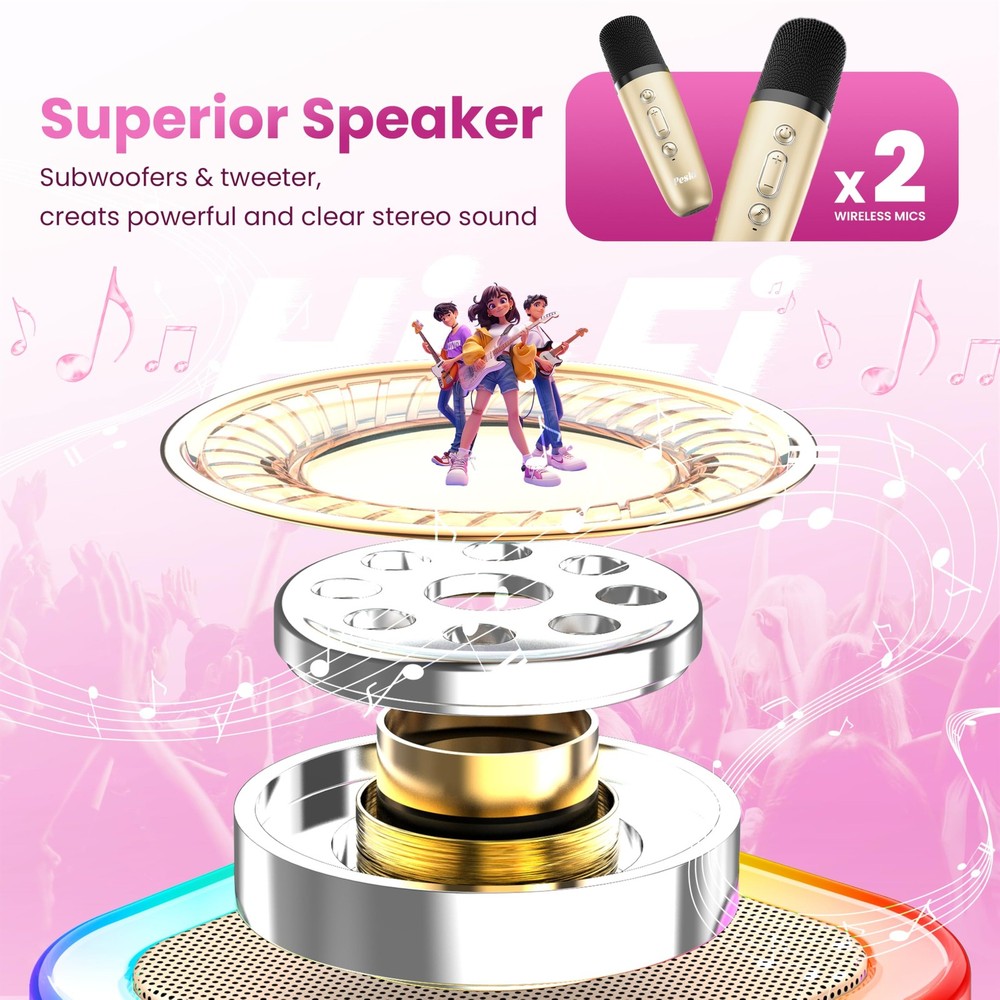 Mini Karaoke Machine, Gold, 2 Wireless Mics, Bluetooth Speaker, Kids, Adults