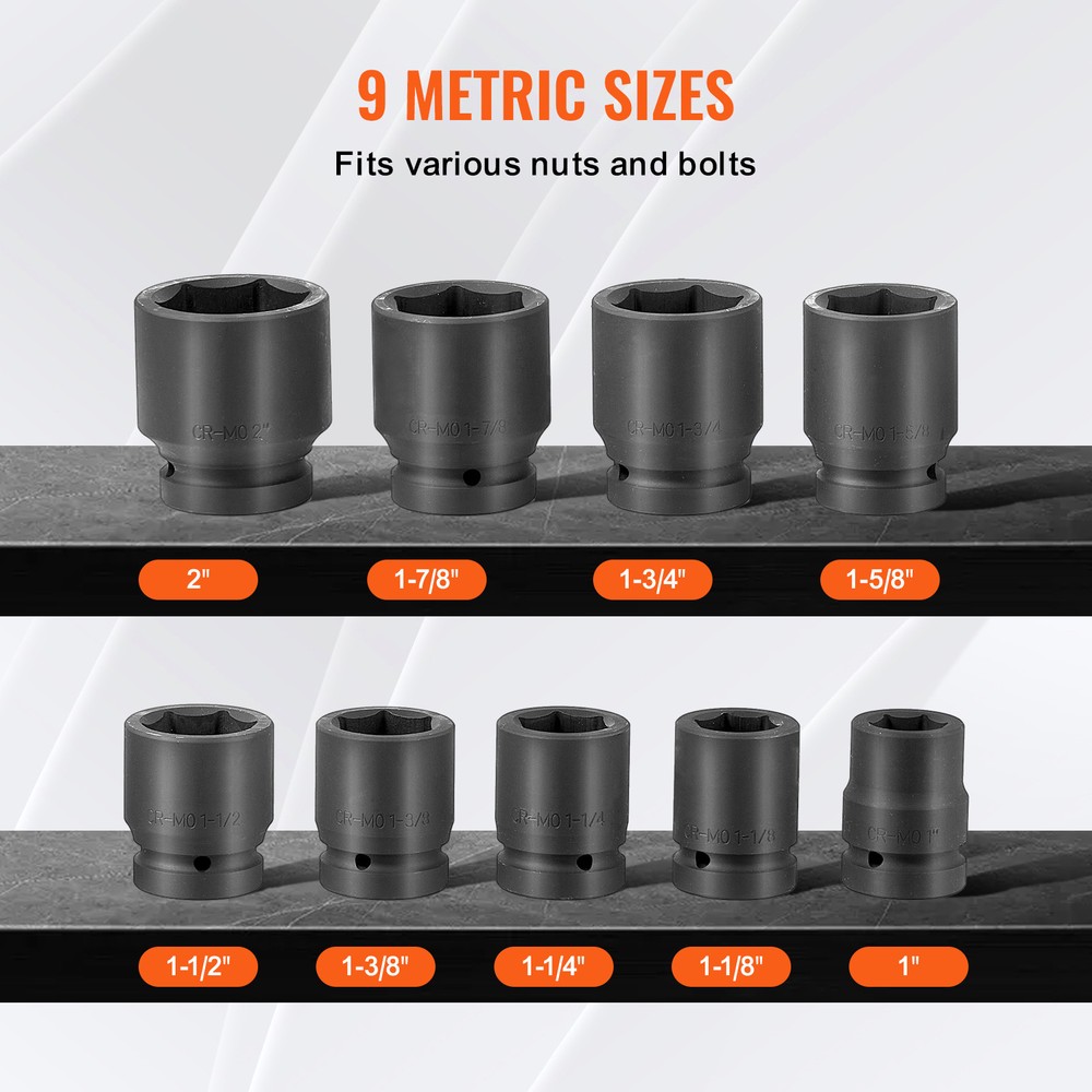 Axle Nut Impact Socket Set 1" Drive 6-Point 9PCS SAE Spindle Nut Socket