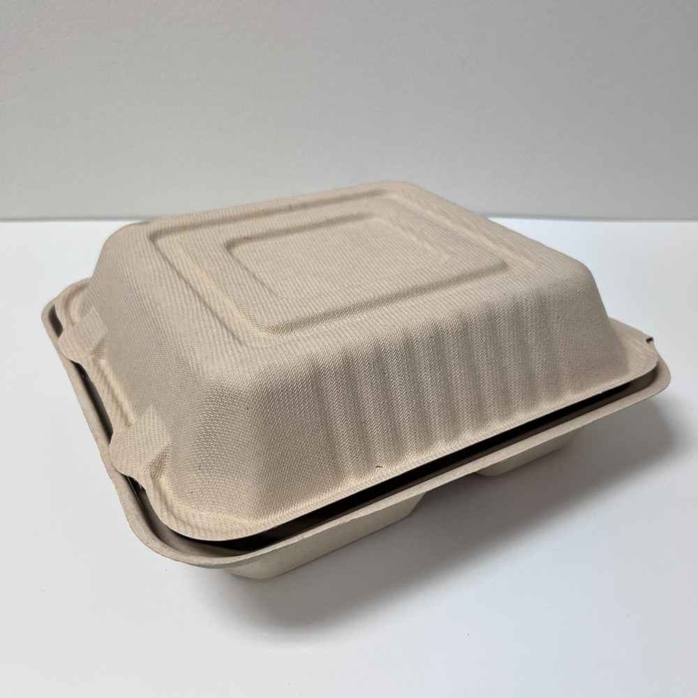 100Pack Sugarcane Biodegradable Clamshell Food Containers 3 Compartments 8"x8"
