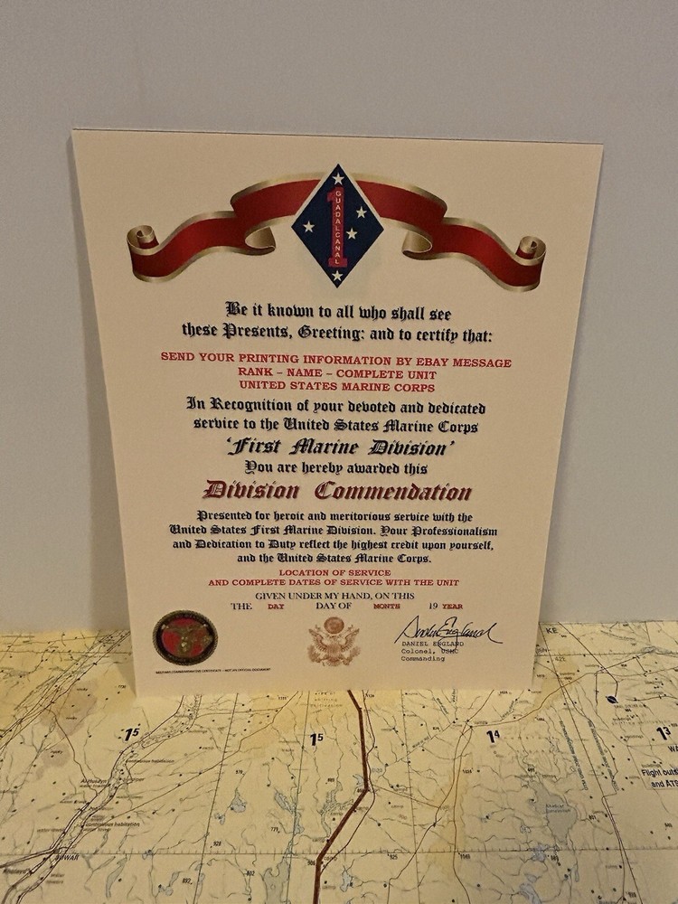 U.S.M.C. / FIRST MARINE DIVISION ~ DIVISION COMMENDATION REPLACEMENT CERTIFICATE