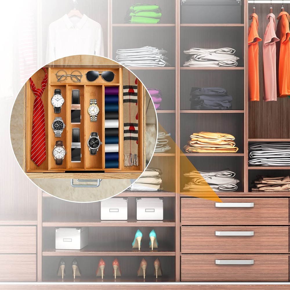 Bellsal Silverware Organizer Kitchen Drawer 7 Slots Expandable, Nature