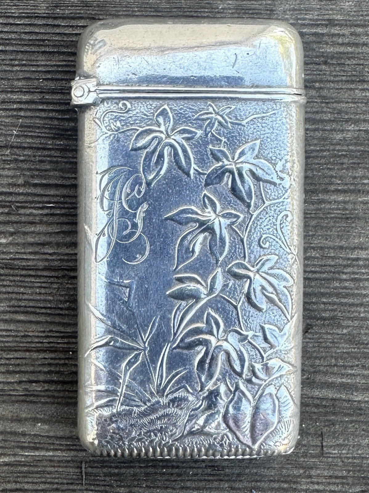 Antique Wood & Hughes Sterling Silver Floral Engraved Vesta Case Match Safe