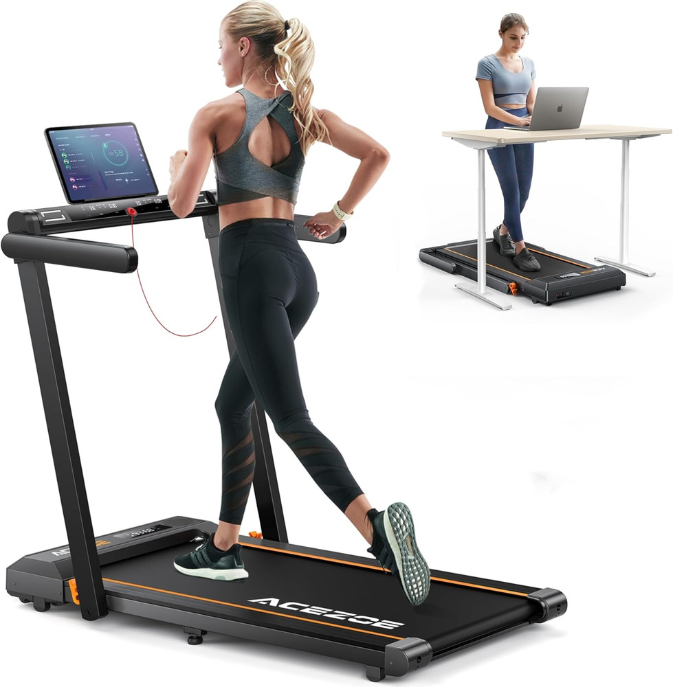 Compact 2-in-1 Folding Treadmill with Handle, 300Lbs Capacity, Smart Apps