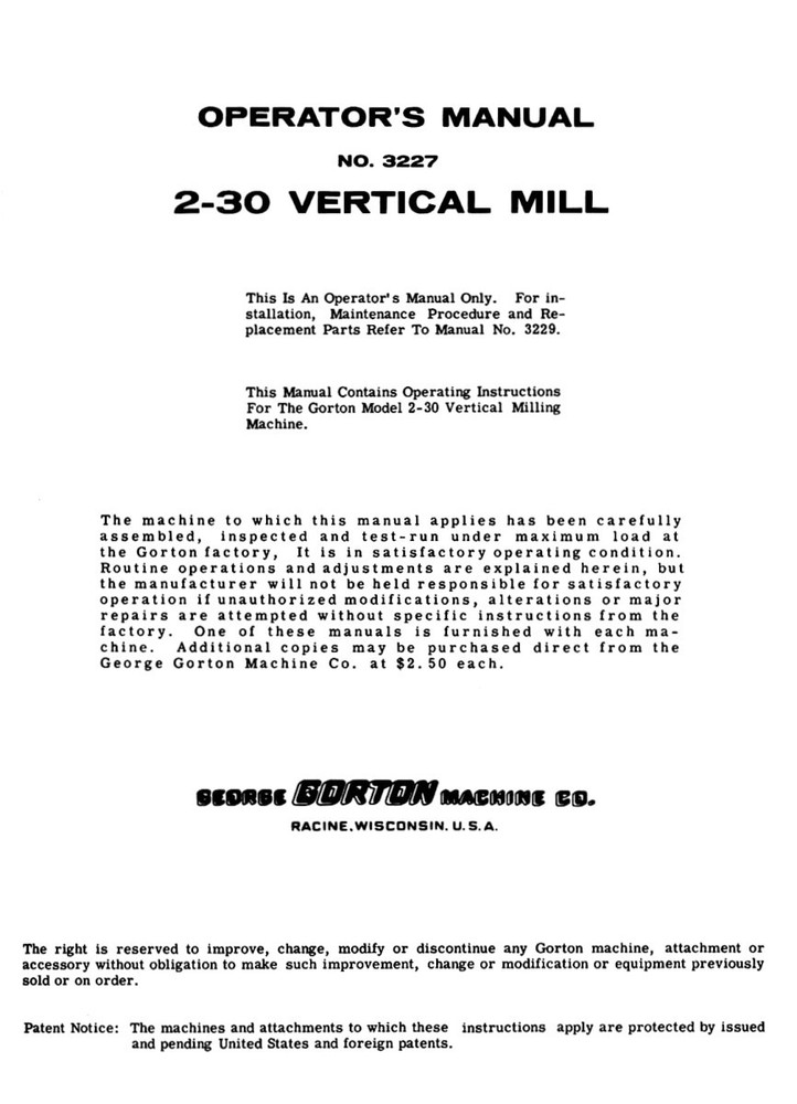 GORTON 2-30 Milling Machine Owner Operator Instruction Manual 1720