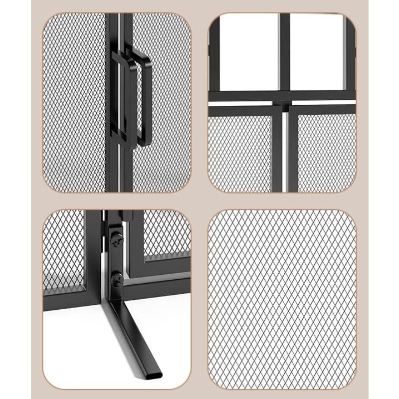 Panel Folding Fireplace Screen with Magnetic Hinged Doors, Solid Wrought Iron