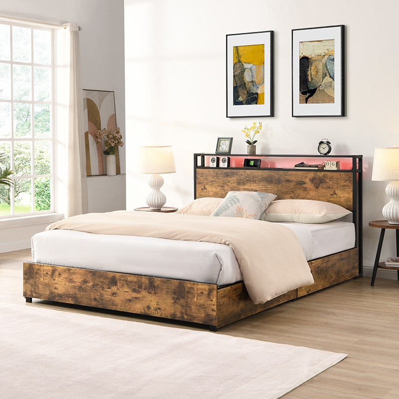 Queen Size Bed Frame w/ Storage Headboard &Charging Station &LED Light