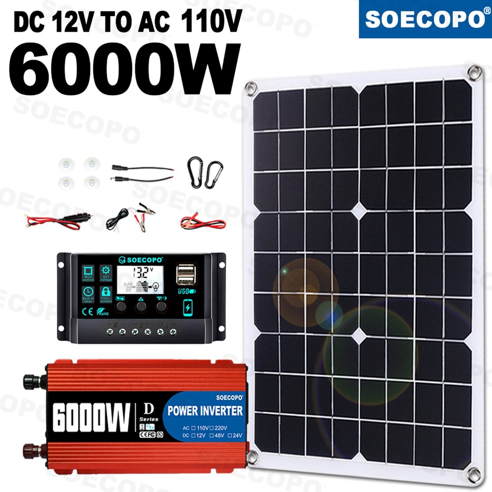110V 6000W Complete Solar Panel Kit Solar Power System Generator 100A Home Grid